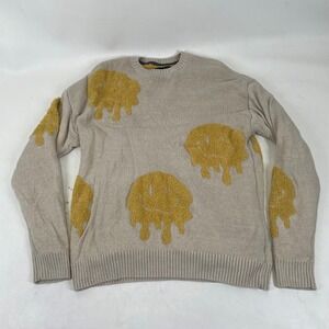 Retrofit Mens Small Melting Smiley Face Drip Graphic Knit Sweater Beige Yellow